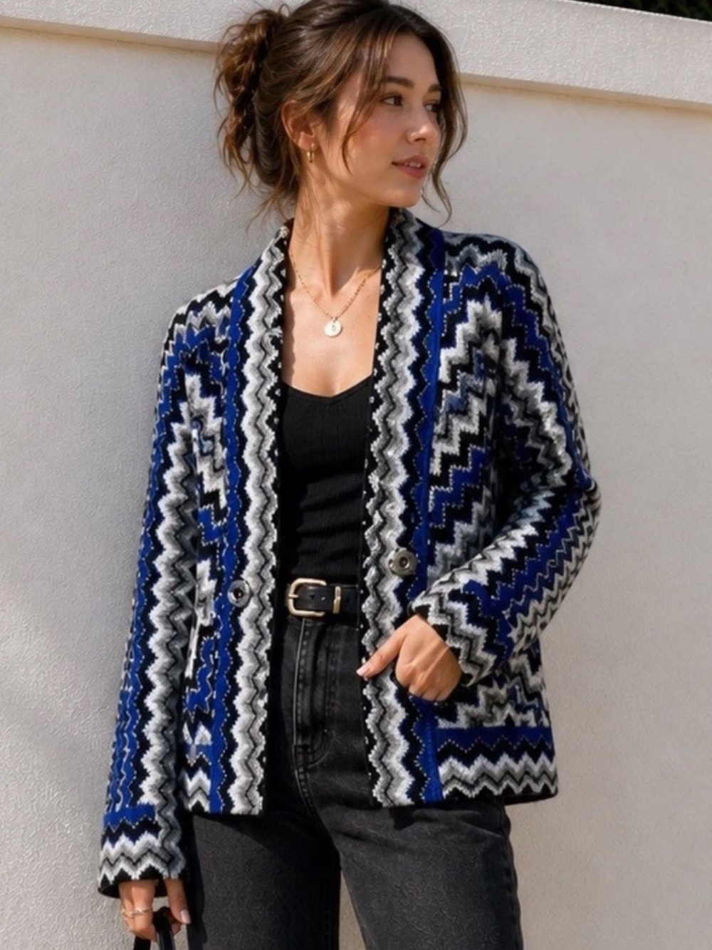 Chico’s 0 Blue Black White Chevron Zigzag Knit Cardigan Wool Blend Boho Button